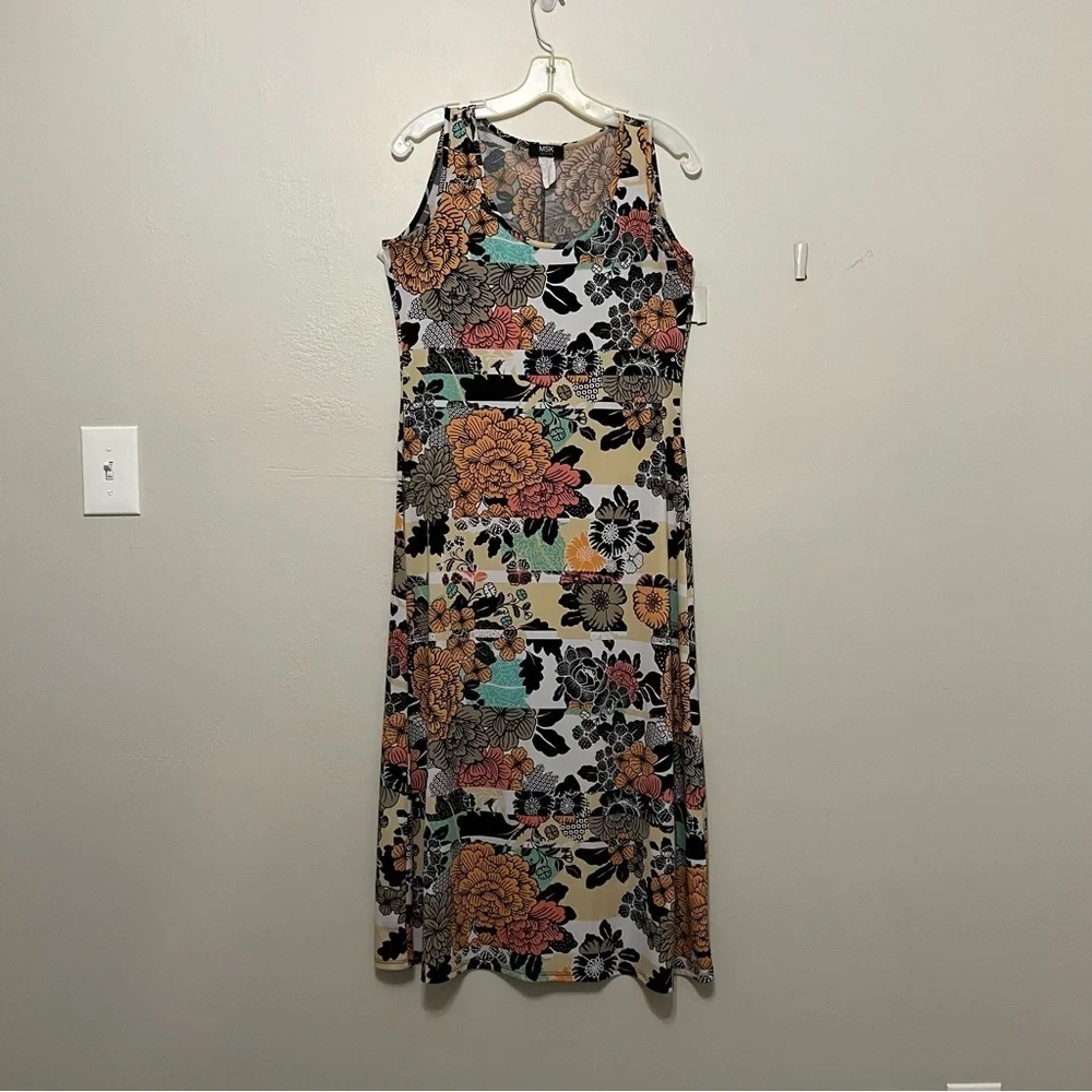 MSK BOHO MAXI DRESS TAN ORANGE GREEN PETITE MEDIUM‎ STRETCH COMFORTABLE